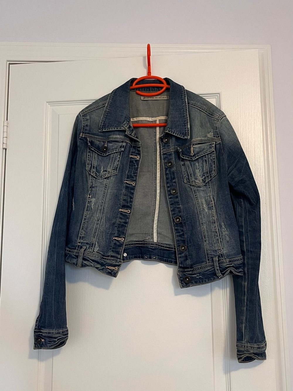 stradivarius Distressed Dark Blue Denim Jacket
